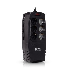 Стабилизатор (AVR) SVC AVR-1200-U, Мощность 1200ВА/600Вт, Диапазон работы AVR: 176-276В, Тип выходных разъёмов: Schuko х 6 шт., LED-индикаторы, Защита телефонной линии, Чёрный