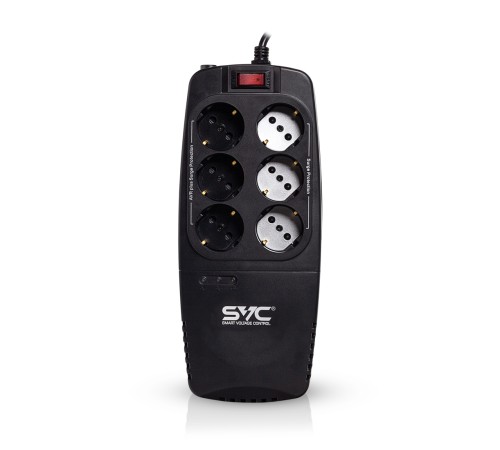 Стабилизатор (AVR) SVC AVR-1200-U, Мощность 1200ВА/600Вт, Диапазон работы AVR: 176-276В, Тип выходных разъёмов: Schuko х 6 шт., LED-индикаторы, Защита телефонной линии, Чёрный в Бишкеке, Кыргызстане