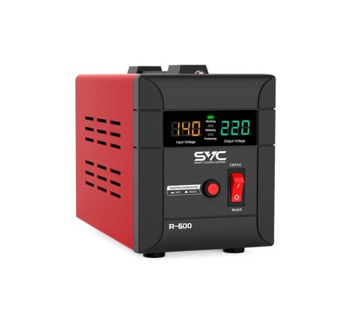 Стабилизатор (AVR) SVC R-600, 600ВА/500Вт, Диапазон работы AVR: 140-260В, Выходное напряжение: 220В +/-7%, Задержка включения, выход 2 шт Shсuko, LCD-дисплей, Защита: от перегрузки, короткого замыкания, повышенной температуры, Чёрно-красный в Бишкеке, Кыргызстане
