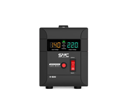 Стабилизатор (AVR) SVC R-600, 600ВА/500Вт, Диапазон работы AVR: 140-260В, Выходное напряжение: 220В +/-7%, Задержка включения, выход 2 шт Shсuko, LCD-дисплей, Защита: от перегрузки, короткого замыкания, повышенной температуры, Чёрно-красный в Бишкеке, Кыргызстане