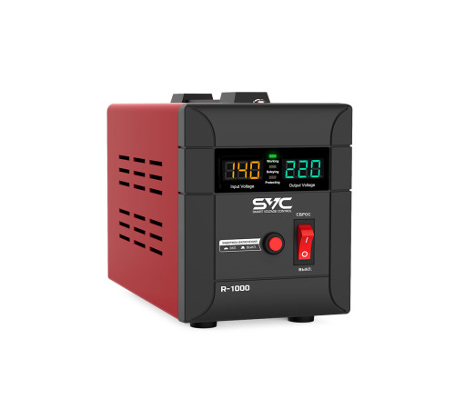 Стабилизатор (AVR) SVC R-1000, 1000ВА/1000Вт, Диапазон работы AVR: 140-260В, Выходное напряжение: 220В +/-7%, Задержка включения, выход 2 шт Shсuko, LCD-дисплей, Защита: от перегрузки, короткого замыкания, повышенной температуры, Чёрно-красный в Бишкеке, Кыргызстане