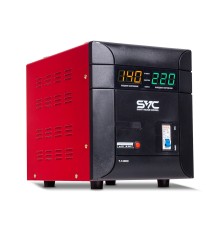 Стабилизатор (AVR) SVC T-12000, 12000ВА/7500Вт, Диапазон работы AVR: 140-260В, Выходное напряжение: 220В +/-8%, Задержка включения, Клеммная колодка, LCD-дисплей, Защита: от перегрузки, короткого замыкания, повышенной температуры, Чёрно-красный