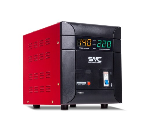 Стабилизатор (AVR) SVC T-12000, 12000ВА/7500Вт, Диапазон работы AVR: 140-260В, Выходное напряжение: 220В +/-8%, Задержка включения, Клеммная колодка, LCD-дисплей, Защита: от перегрузки, короткого замыкания, повышенной температуры, Чёрно-красный в Бишкеке, Кыргызстане