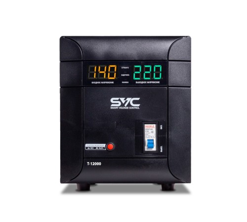 Стабилизатор (AVR) SVC T-12000, 12000ВА/7500Вт, Диапазон работы AVR: 140-260В, Выходное напряжение: 220В +/-8%, Задержка включения, Клеммная колодка, LCD-дисплей, Защита: от перегрузки, короткого замыкания, повышенной температуры, Чёрно-красный в Бишкеке, Кыргызстане