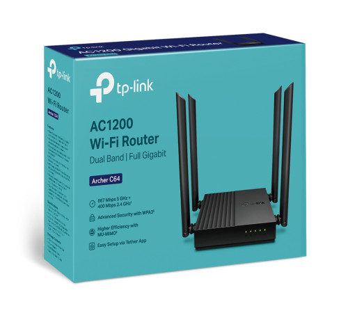 Маршрутизатор TP-Link Archer C64, 802.11a/b/g/n/ac, AC1200, 2×2 MU-MIMO, 1 WAN порт 10/100/1000М + 4 LAN порта 10/100/1000М, 4 фиксированные антенны в Бишкеке, Кыргызстане